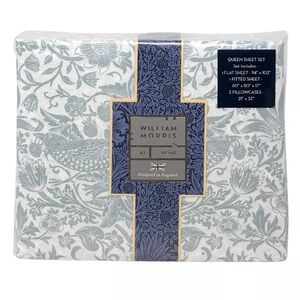 WILLIAM MORRIS England QUEEN Cotton Percale Sheet Set Strawberry Thief Soft Blue